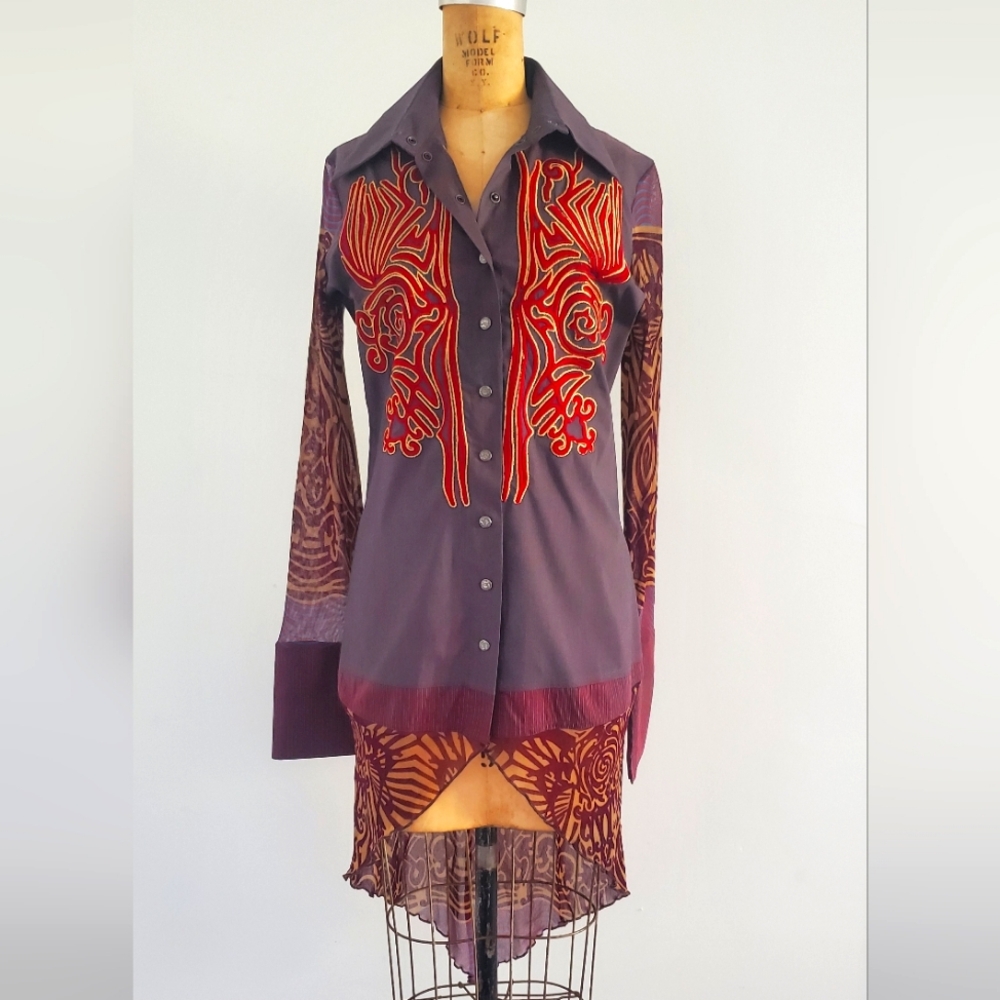 SAVE THE QUEEN long sleeve, snap button down blouse, size L, mauve/purple